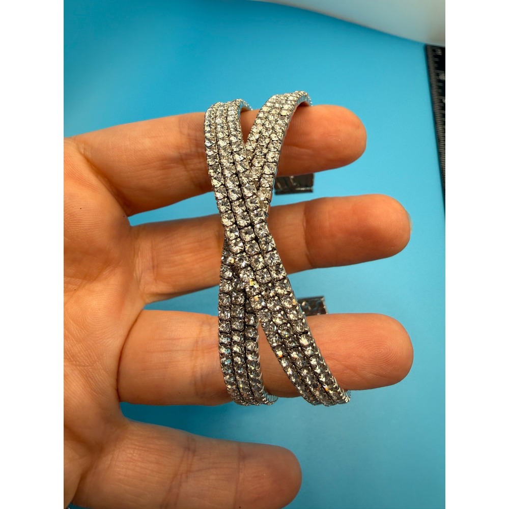 Silver Rhinestone Wrap‎ Cuff Bracelet Clear Crystal Multi Row Statement Bridal